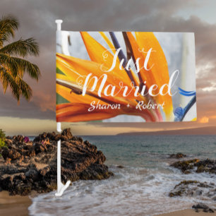 Just Married Floral Bird of Paradise Wedding Car Flag