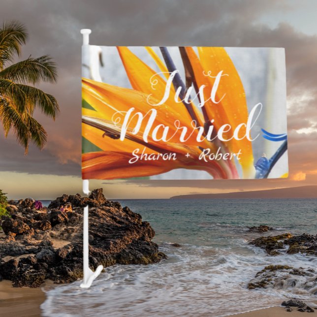 Just Married Floral Bird of Paradise Wedding Car Flag (In Situ Wedding)