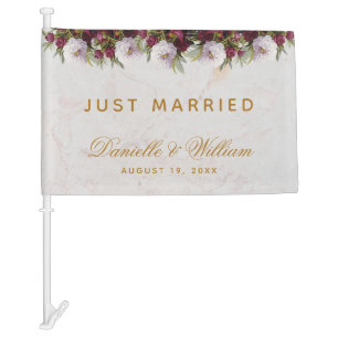 Just Married Floral Burgundy Peonies Marble Script Car Flag