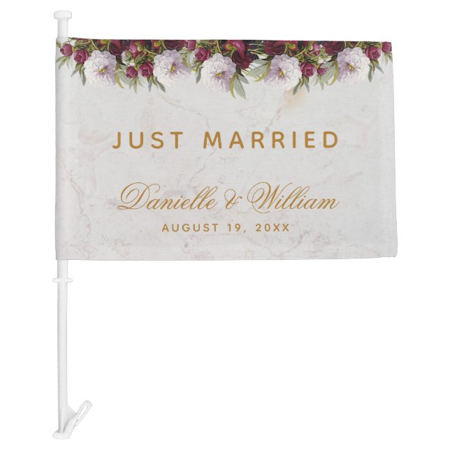 Just Married Floral Burgundy Peonies Marble Script Car Flag (Front)