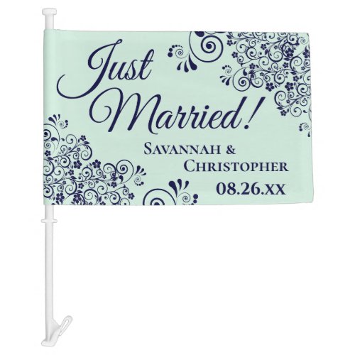 Just Married Frilly Navy Blue Mint Green Newlyweds Car Flag