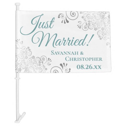 Just Married Frilly Silver Teal  White Newlyweds Car Flag