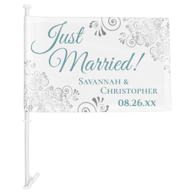 Just Married Frilly Silver Teal & White Newlyweds Car Flag (Front)