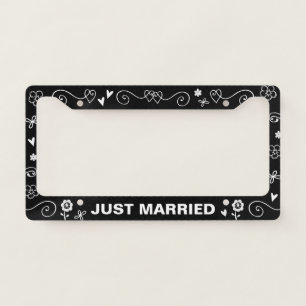 Just Married Fun Floral Hearts and Swirls Custom License Plate Frame