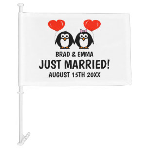 Just Married funny cartoon car flag for wedding