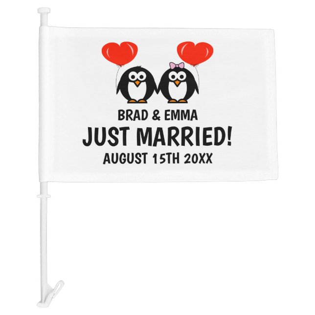 Just Married funny cartoon car flag for wedding (Front)