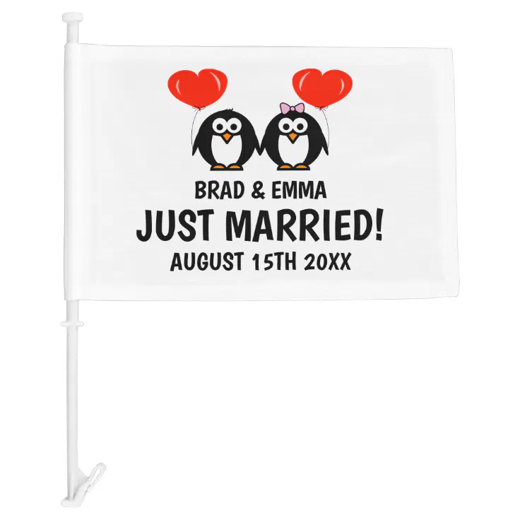 Just Married funny cartoon car flag for wedding | Zazzle
