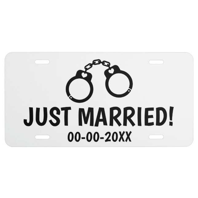 Just married funny handcuffs wedding car license plate (Front)