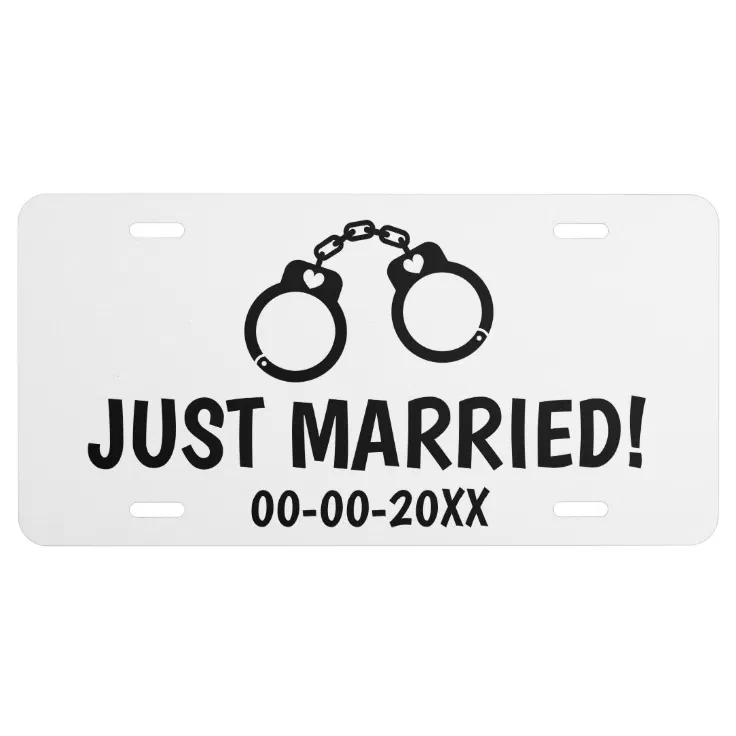Just married funny handcuffs wedding car license plate | Zazzle