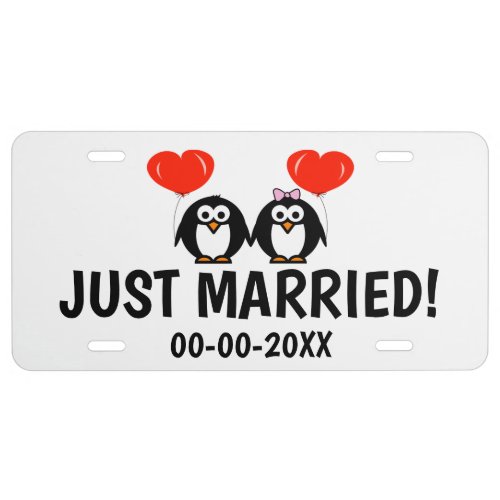 Just married funny penguin cartoon wedding car license plate