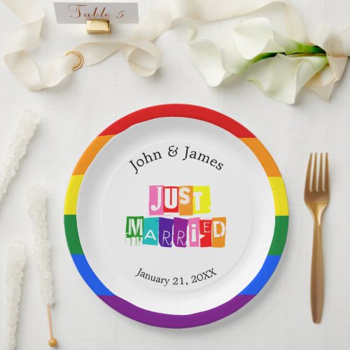 Just Married Gay Wedding Couple LGBTQ Paper Plates