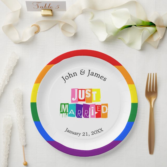Just Married Gay Wedding Couple LGBTQ Paper Plates (Wedding)