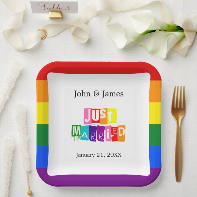 Just Married Gay Wedding Couple LGBTQ Paper Plates (Wedding)
