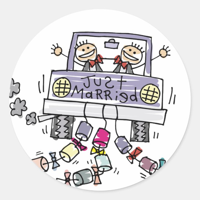 Just Married Gay Wedding Favors Classic Round Sticker (Front)