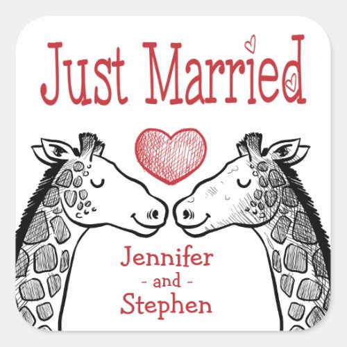 Just Married Giraffe Black Red Burgundy Wedding Square Sticker