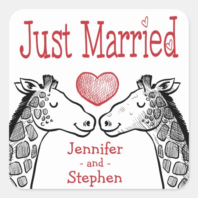 Just Married Giraffe Black, Red Burgundy Wedding Square Sticker (Front)
