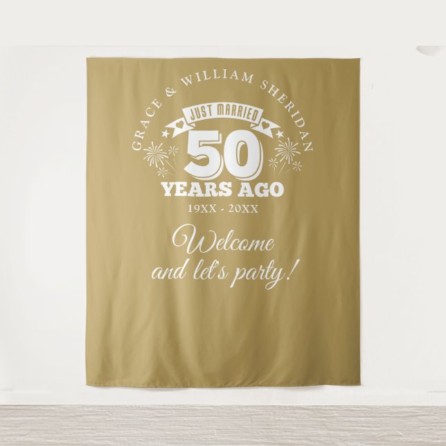 Just Married Gold 50th Anniversary Photo Backdrop (Front)