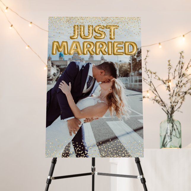 Just Married Gold Balloons Wedding Photo Sign (In Situ (Stand))