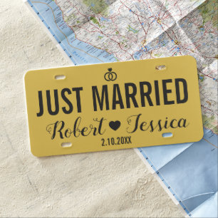Just Married Gold Black Custom Bride Groom Name License Plate
