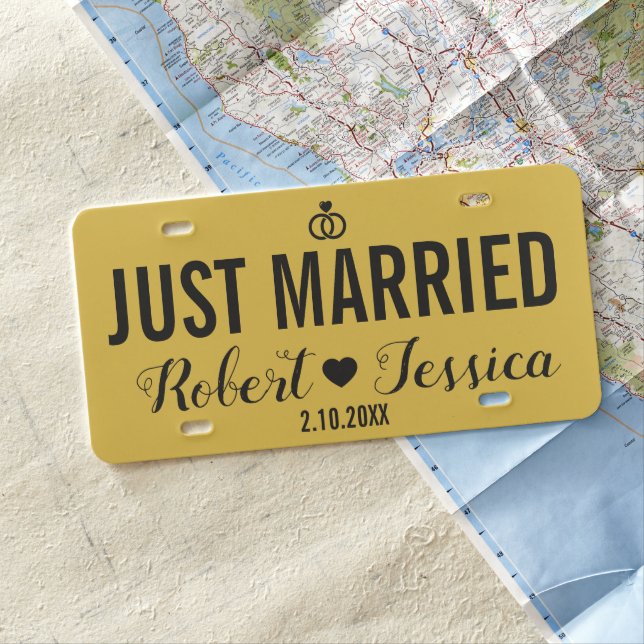 Just Married Gold Black Custom Bride Groom Name License Plate (In Situ)