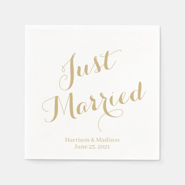 Just married gold custom script elegant Wedding Napkins (Front)