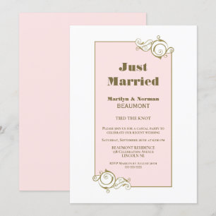 Just Married Gold Frame Pink Wedding Reception Invitation