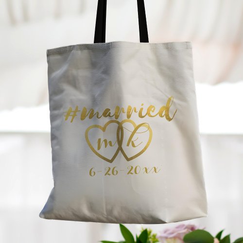 Just Married Gold Heart Monogram Wedding Tote Bag