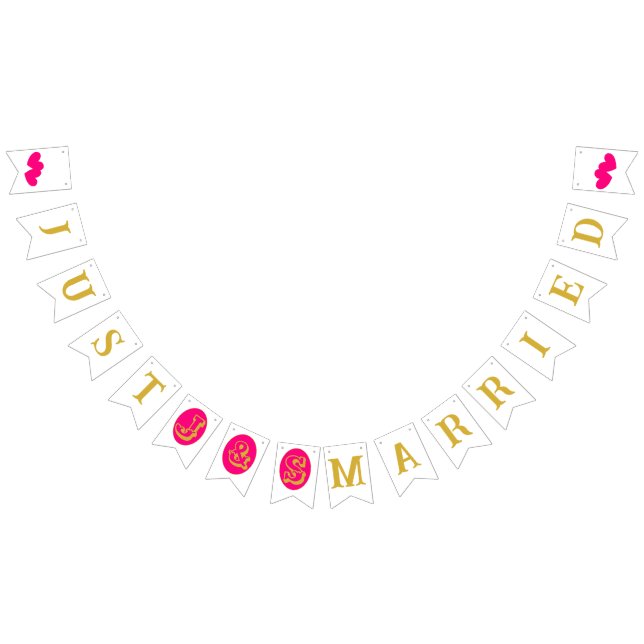 "Just married" gold magenta hearts  Bunting Flags (All)