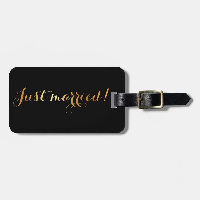 Just married, gold on black honeymoon luggage tag (Front Horizontal)