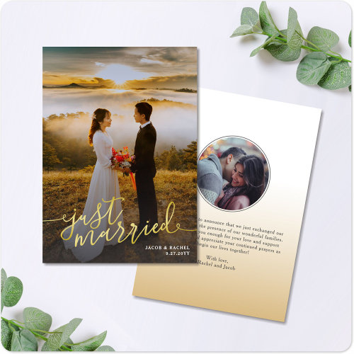 Just Married Gold Script Overlay Photo Wedding Announcement