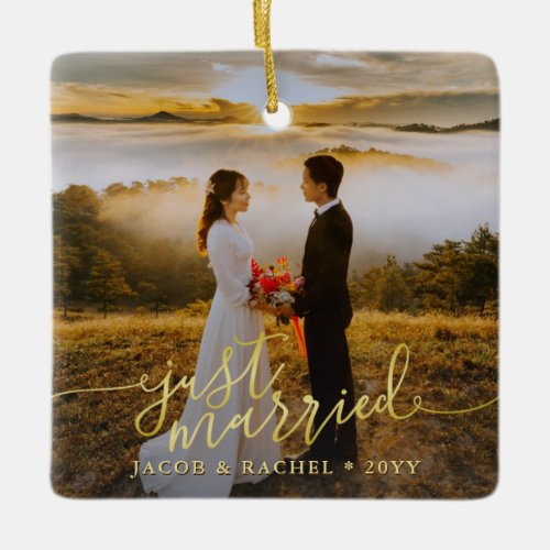 Just Married Gold Script Overlay Photo Wedding Ceramic Ornament