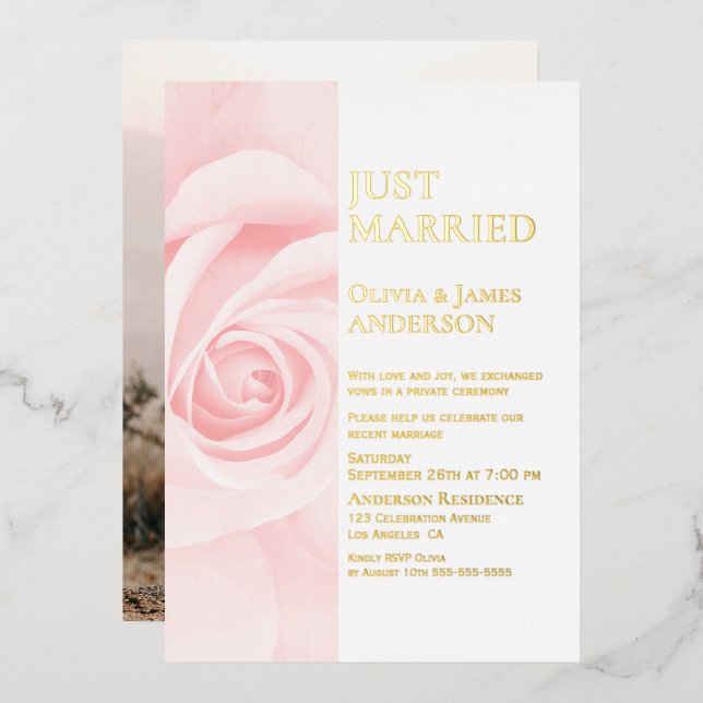 Just Married Gold Text Pink Rose Wedding Reception Foil Invitation (Front/Back)