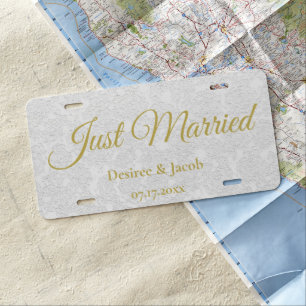Just Married Gold White Simple Elegant Wedding License Plate