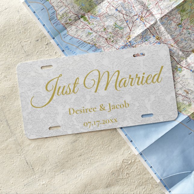 Just Married Gold White Simple Elegant Wedding License Plate (In Situ)