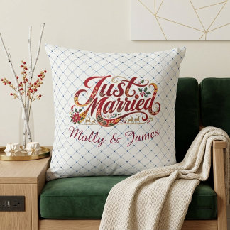 Just Married Green Checkered Dot Minimal Christmas Throw Pillow