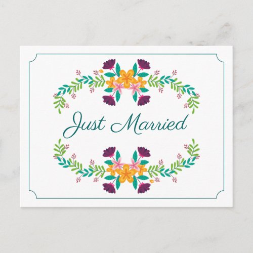 Just Married Green Floral Wedding Flowers Boho Announcement Postcard