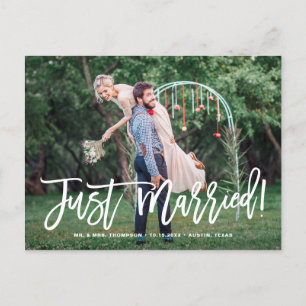 Just Married Hand Lettered Photo Wedding Announcement Postcard