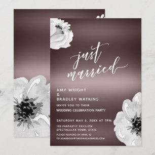 Just Married Handwriting, Flowers on Rose Gold Invitation