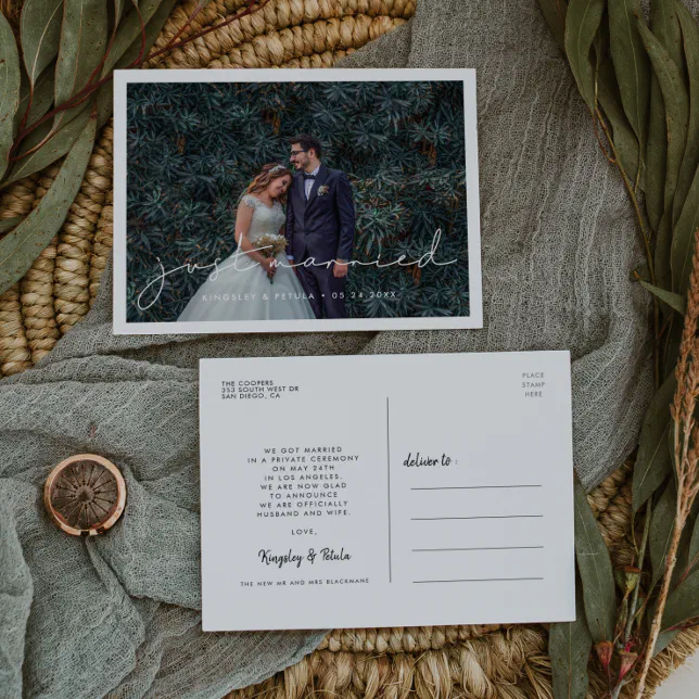 Just Married Handwritten Minimalist Wedding Photo Postcard Zazzle