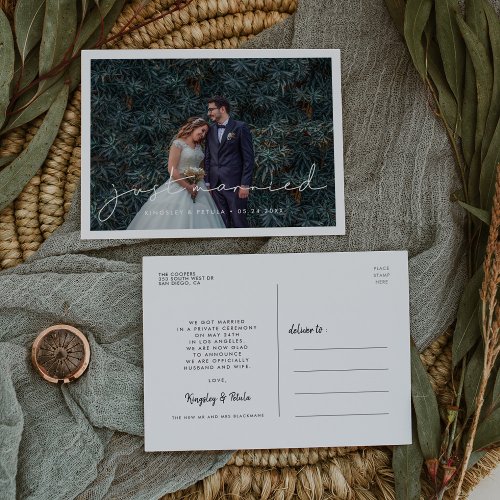 Just married Handwritten minimalist wedding photo Postcard