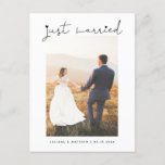 Just Married Heart Modern Script Wedding  Announcement Postcard<br><div class="desc">Simple and modern wedding announcement postcard featuring a hand lettered casual script that says "Just Married" with hearts on top of your photo. The message on the back of the card is editable.</div>