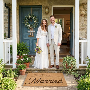Just Married Heart Newlyweds Fiber Doormat