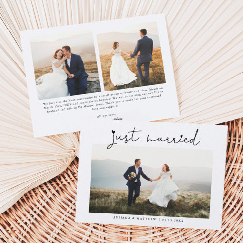 Wedding announcements - Pink Dramatic personalized gifts for you Just married heart script multi photo wedding announcement