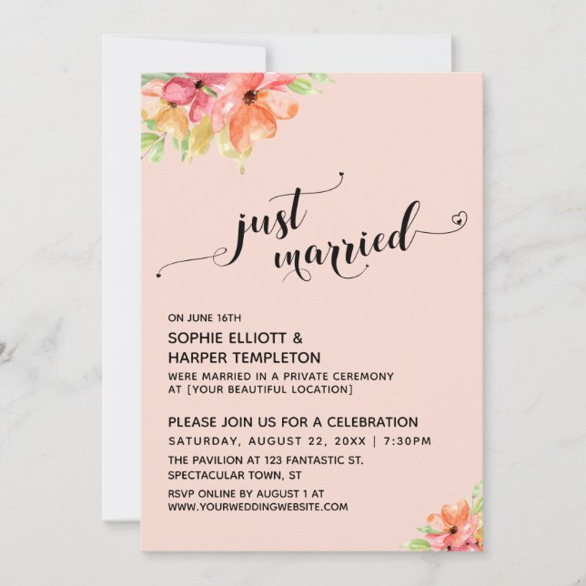 Just Married Hearts Script Blush Boho Flowers Invitation (Front)
