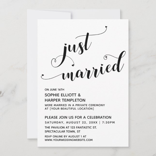 Just Married Hearts Typography Reception Only Invitation (Front)