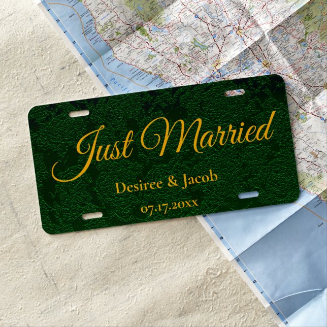 Just Married Hunter Green Gold Wedding License Plate (In Situ)