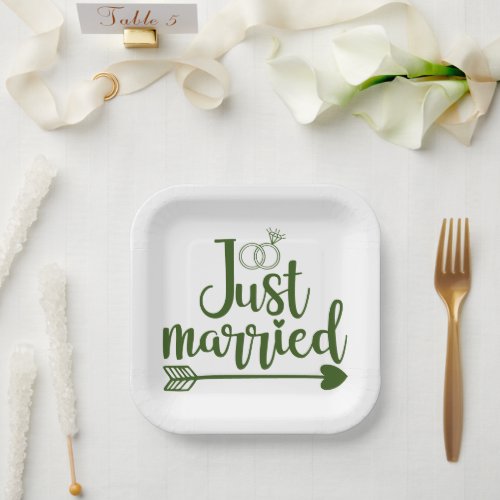 Just Married Hunter Green Paper Plates