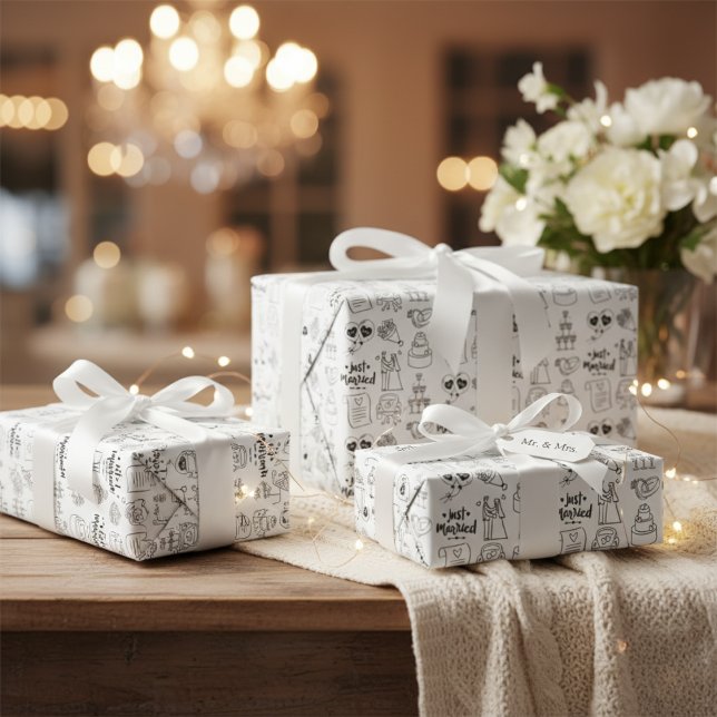"Just Married" Icon Pattern Wrapping Paper (NEW PRODUCT MOCK-UP)