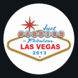 Just Married In Fabulous Las Vegas 2013 (Sign) Classic Round Sticker<br><div class="desc">Just Married In Fabulous Las Vegas 2013 (Vegas Sign)... This funny wedding shirt features the famous Las Vegas sign. Great Wedding gift idea for a bride and groom getting married in Las Vegas. Great honeymoon shirt! Perfect to wear while strolling along the Las Vegas strip. Let everyone know that you...</div>