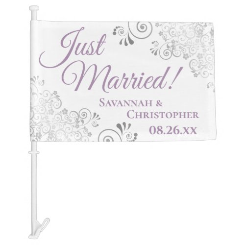 Just Married Lacy Silver Lavender White Newlyweds Car Flag
